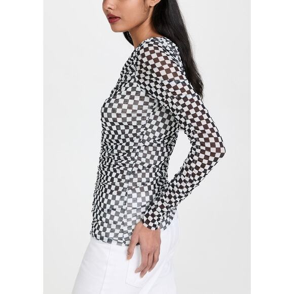 BAUM UND PFERDGARTEN Joselle Mesh Top Womens Medium Black White Check Stretch - Picture 3 of 16